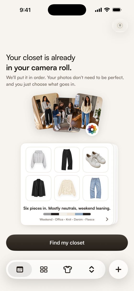 STYLD pulling clothes out of camera roll photos and sorting them into a closet