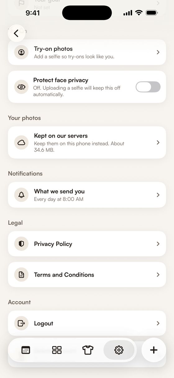 STYLD settings showing the face privacy switch and photo storage options