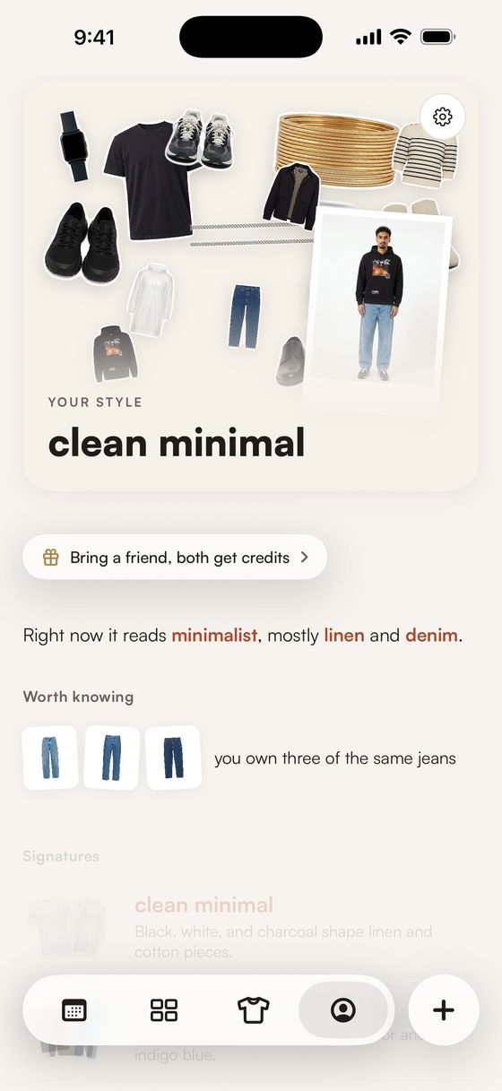 STYLD style read showing clean minimal as the user style with a linen and denim palette