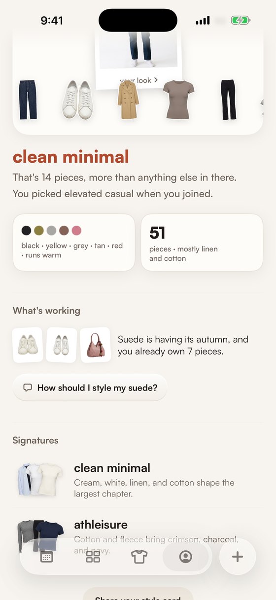 The Me tab in STYLD showing a style read, the palette and signature pieces