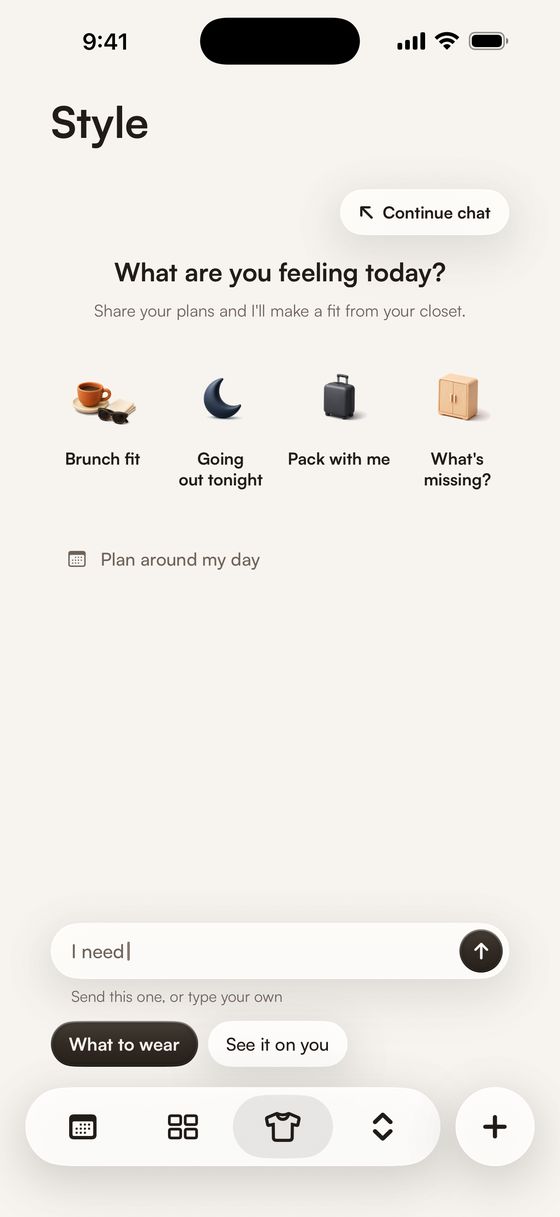 STYLD Style tab with prompts for brunch fit, going out tonight and pack with me