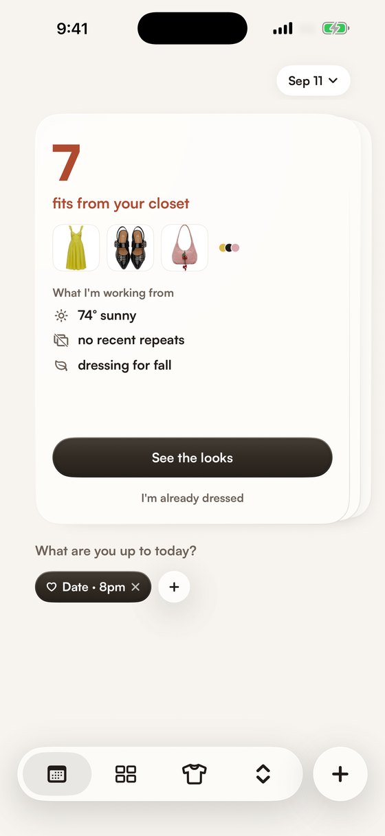 The Today screen in STYLD with seven fits ready from the closet