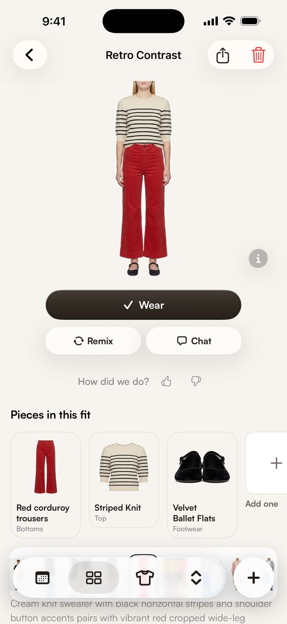 STYLD try-on screen showing a striped knit with red corduroy trousers on a full look